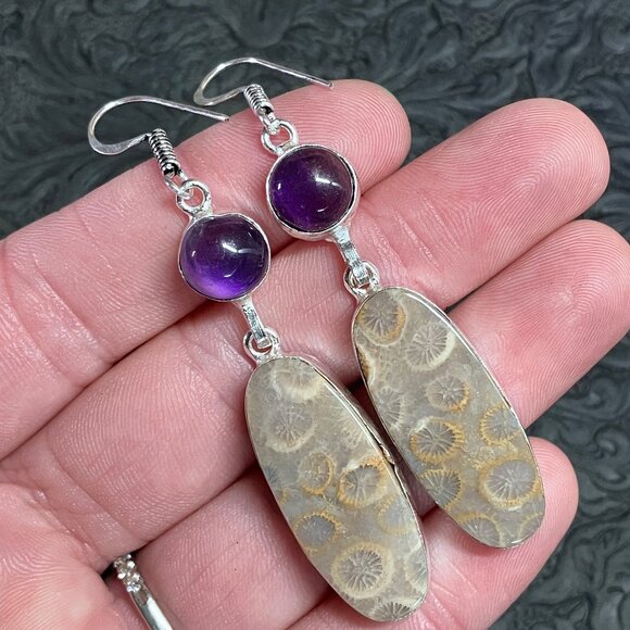 Amethyst and Coral Fossil Earrings Stone Crystal Jewelry - IMPERFECT DISCOUNT - Picture 4 of 8